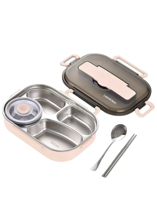 MIZAJIC Stainless Steel Bento Lunch Box for Kids and Adults Leakproof 4 Compartment Food Container 1300ml Ideal Portion Size with Sauce Box, Spoon and Chopsticks, Dishwasher Safe (Pink with Sauce Box) - Image 1